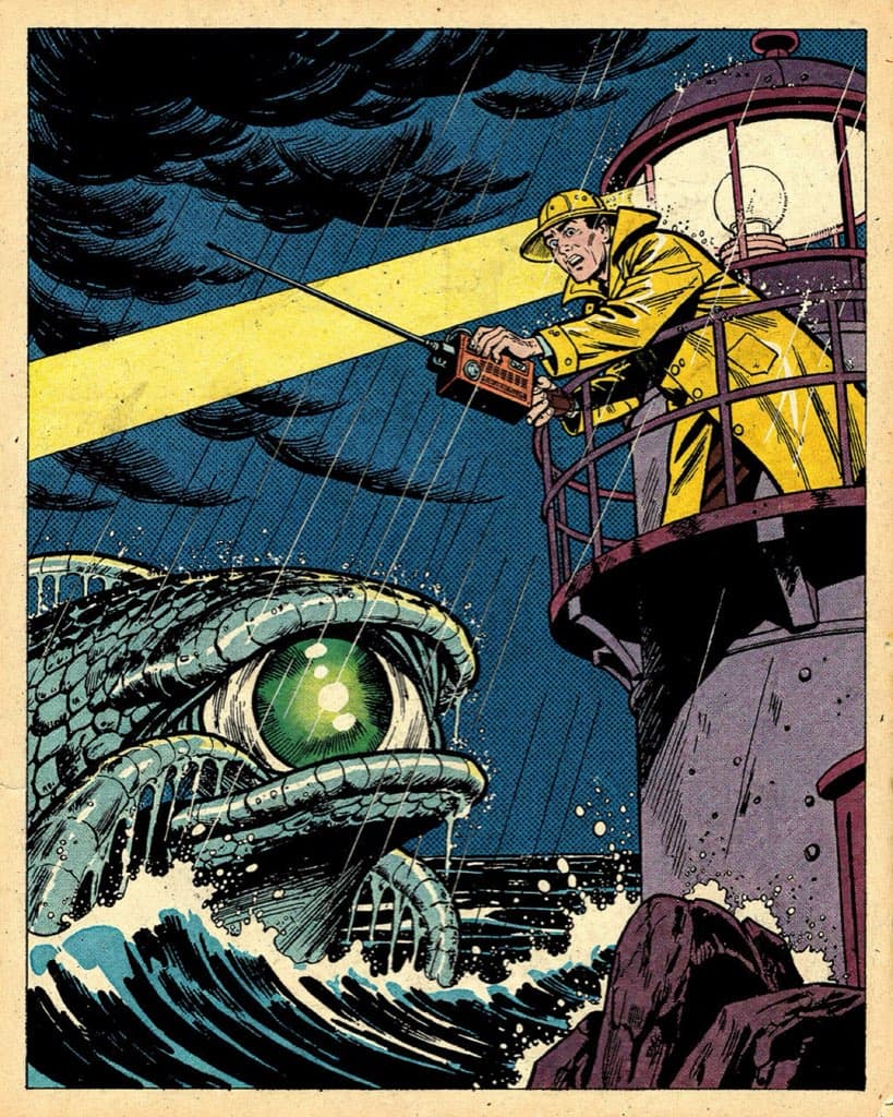 A lighthouse keeper in a yellow oilskin leans over the lamp-room railing at night, radio in hand, as a colossal sea creature's eye rises from the waves below
