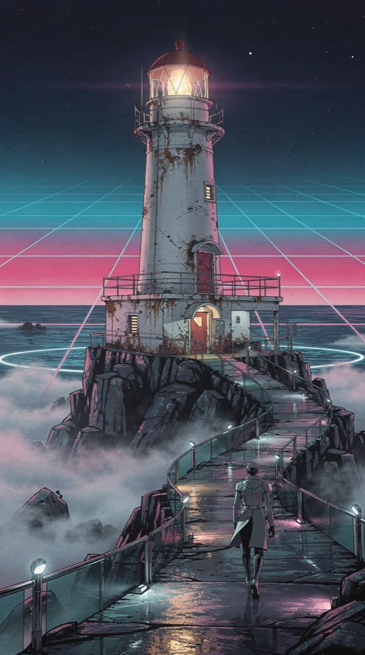 A weathered lighthouse on a rocky point at dusk, a small figure walking the path toward it, drawn in the Airbrush Neon look