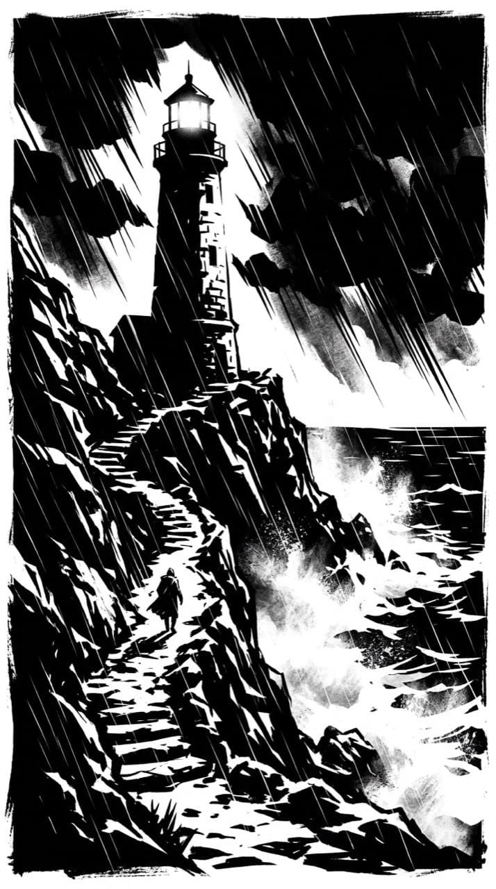 A weathered lighthouse on a rocky point at dusk, a small figure walking the path toward it, drawn in the Carved Noir look