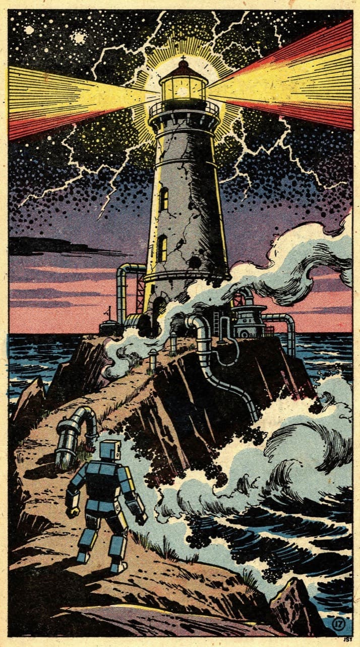 A weathered lighthouse on a rocky point at dusk, a small figure walking the path toward it, drawn in the Cosmic Krackle look