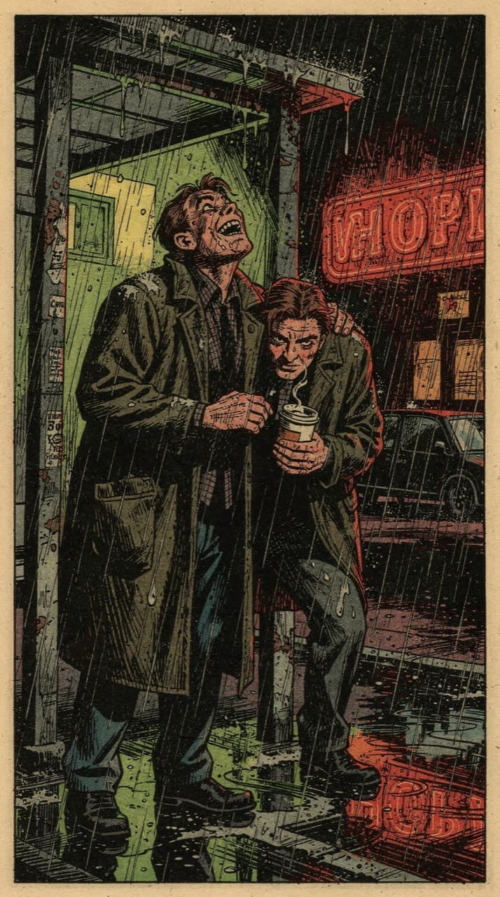 Two friends sheltering from the rain under a bus-stop roof at night, one laughing, one holding a coffee, drawn in the Crypt Horror look