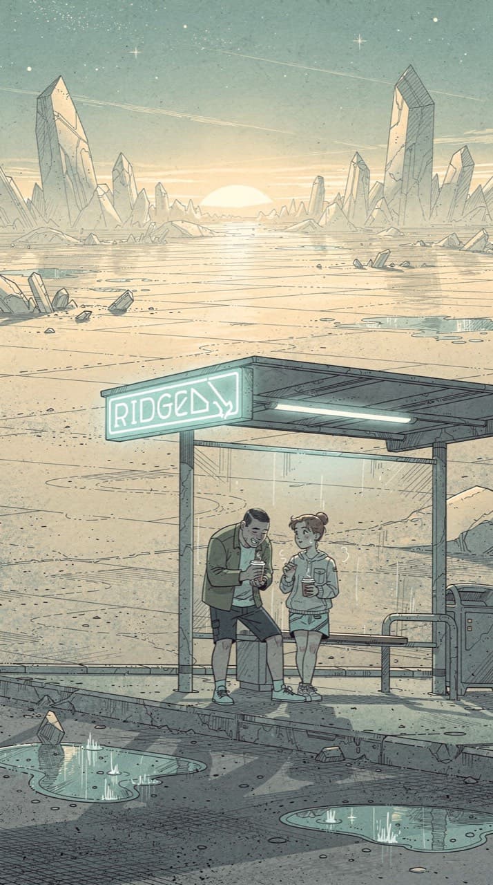 Two friends sheltering from the rain under a bus-stop roof at night, one laughing, one holding a coffee, drawn in the Crystal Odyssey look