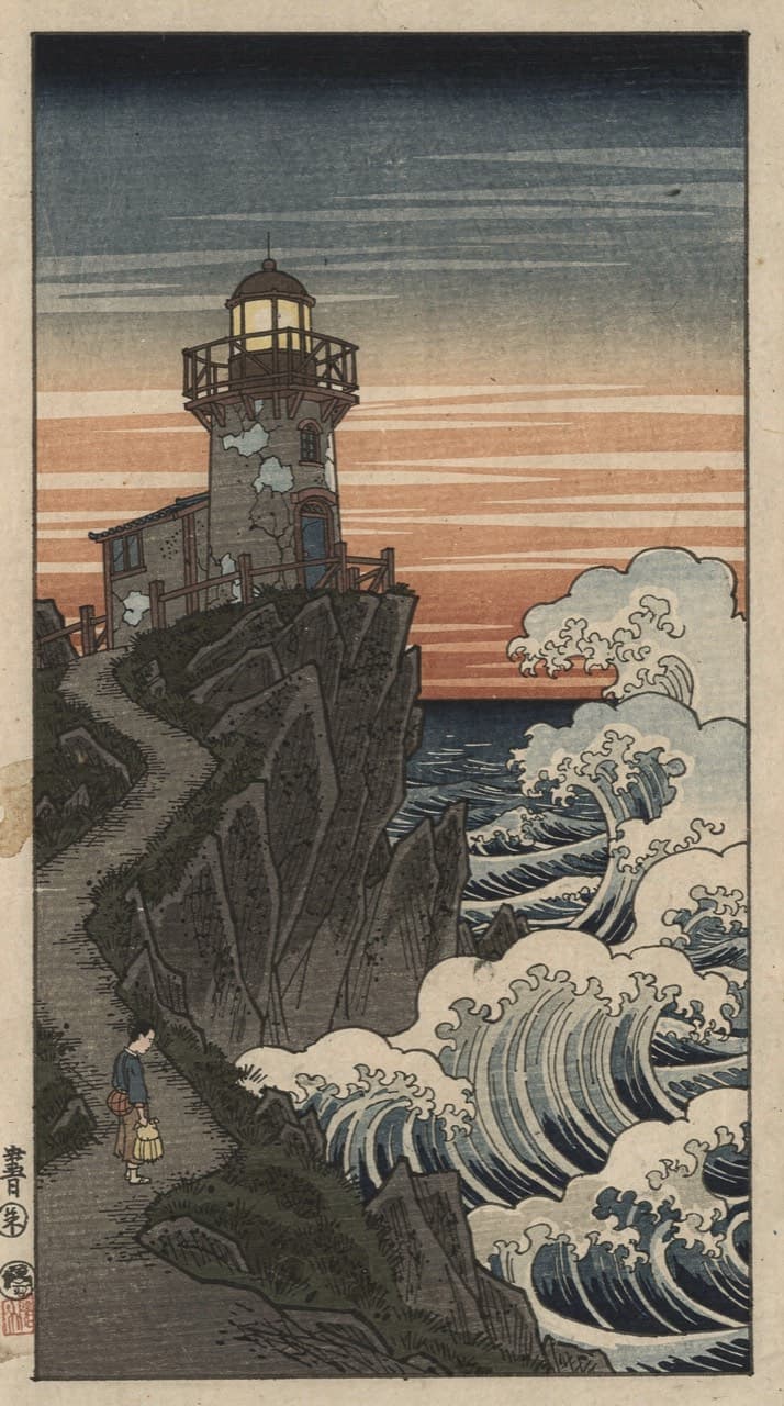 A weathered lighthouse on a rocky point at dusk, a small figure walking the path toward it, drawn in the Floating World look