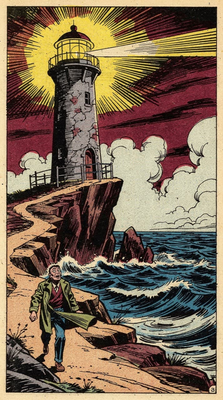 A weathered lighthouse on a rocky point at dusk, a small figure walking the path toward it, drawn in the Four-Colour Fright look