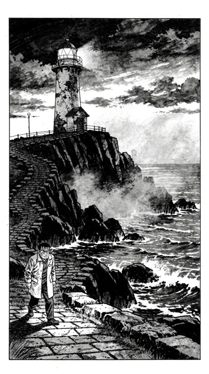 A weathered lighthouse on a rocky point at dusk, a small figure walking the path toward it, drawn in the Gekiga look
