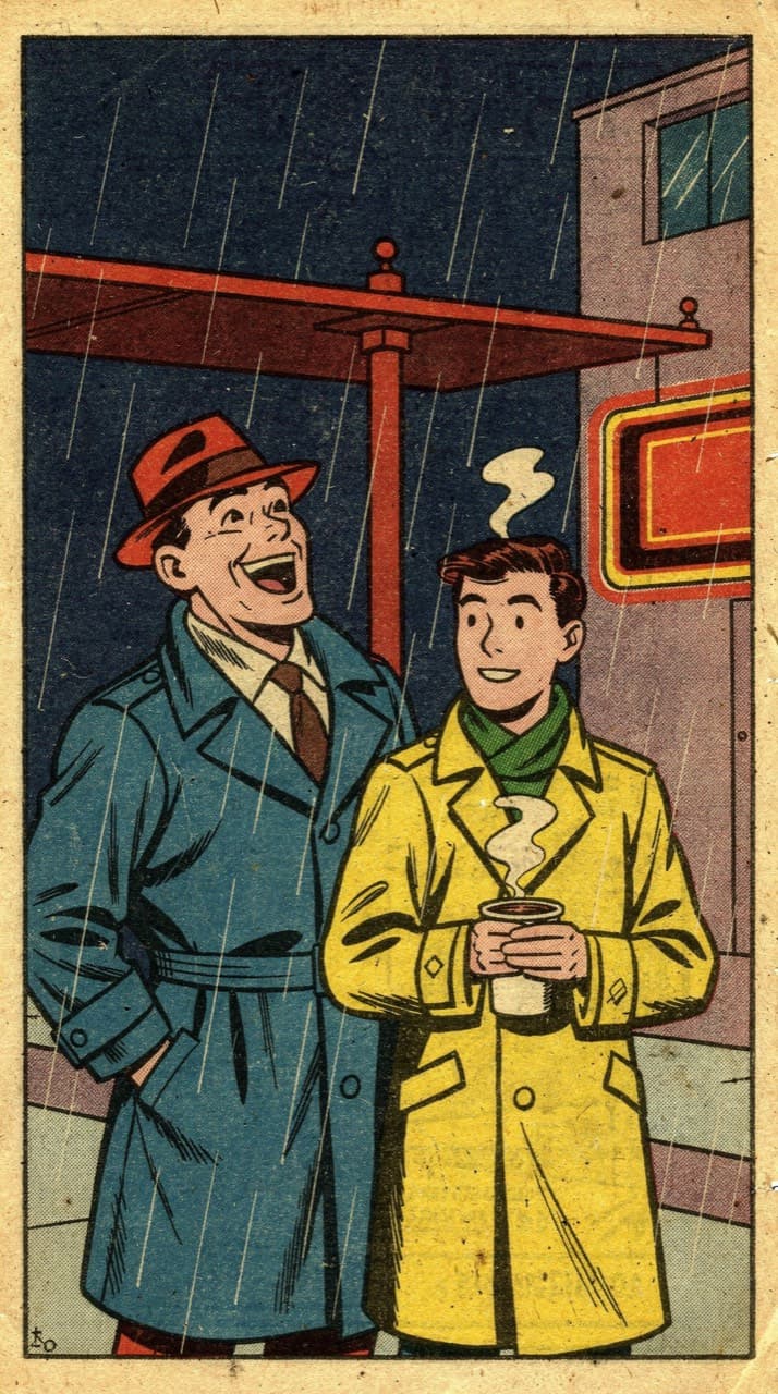 Two friends sheltering from the rain under a bus-stop roof at night, one laughing, one holding a coffee, drawn in the Golden Age Four-Colour look