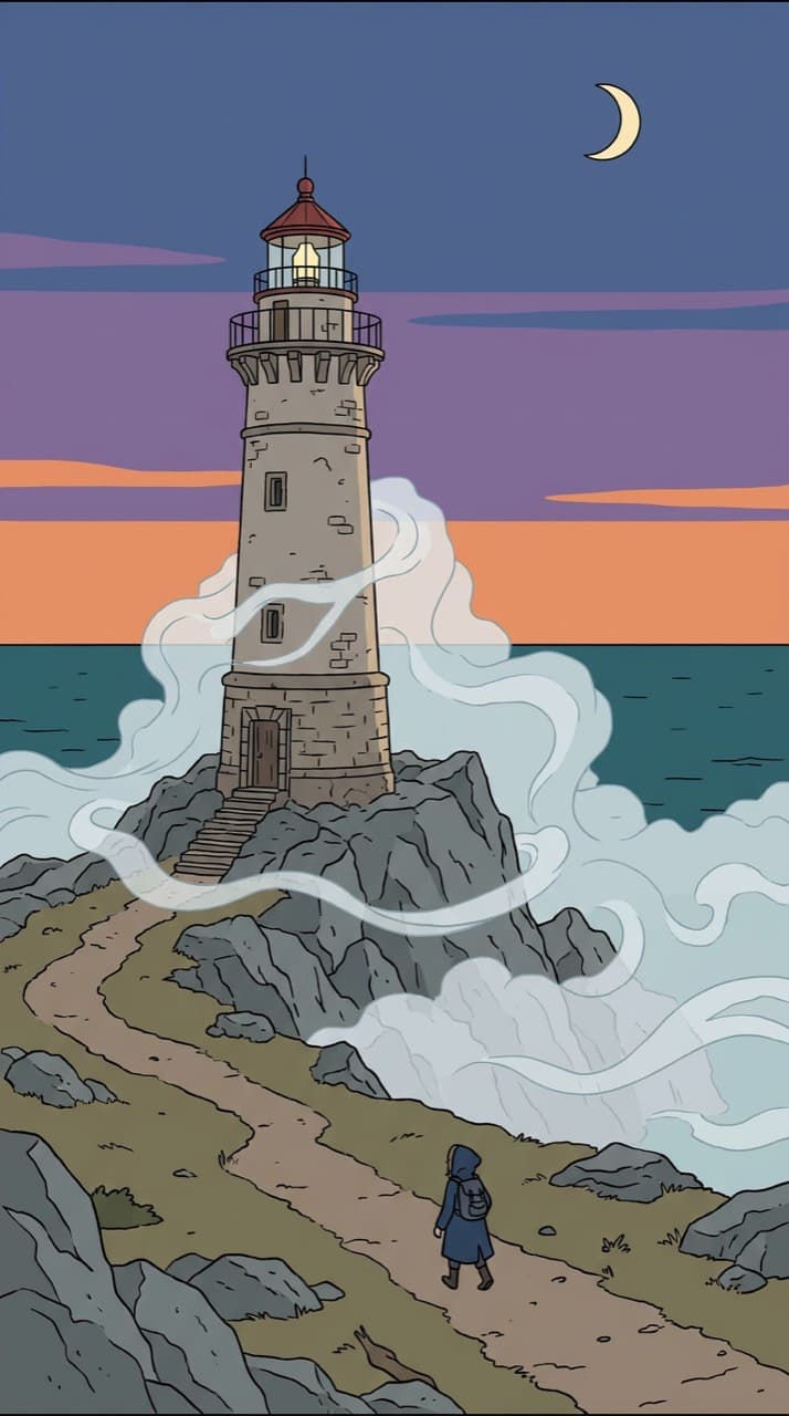 A weathered lighthouse on a rocky point at dusk, a small figure walking the path toward it, drawn in the Ligne Claire look