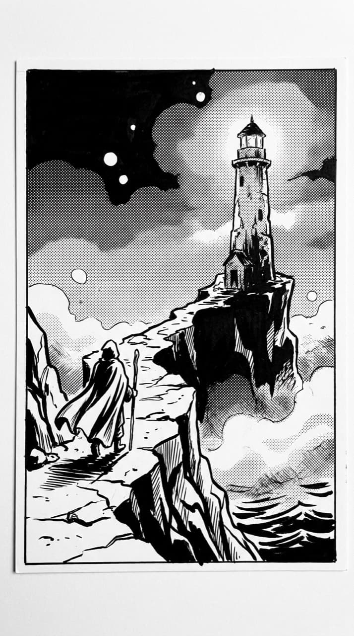 A weathered lighthouse on a rocky point at dusk, a small figure walking the path toward it, drawn in the Shonen Ink look