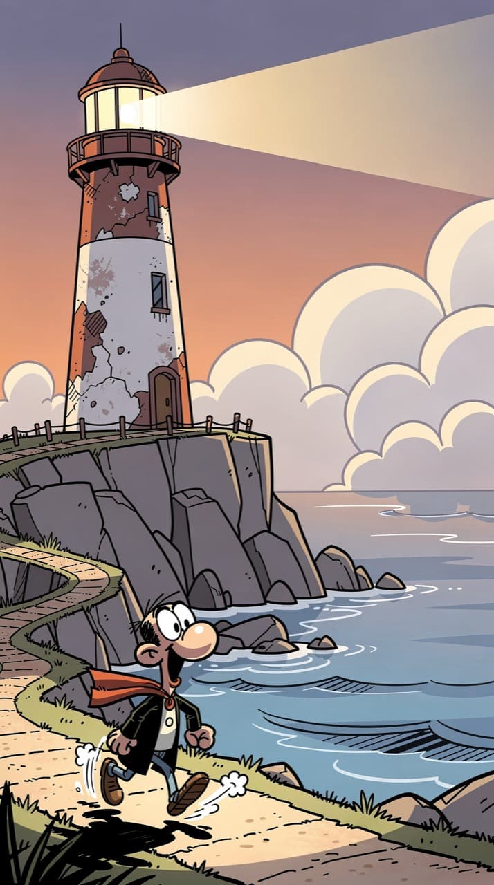 A weathered lighthouse on a rocky point at dusk, a small figure walking the path toward it, drawn in the Marcinelle Romp look