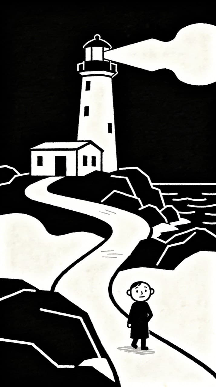 A weathered lighthouse on a rocky point at dusk, a small figure walking the path toward it, drawn in the Minimal-Line Memoir look
