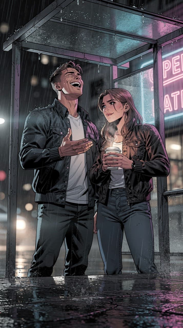 Two friends sheltering from the rain under a bus-stop roof at night, one laughing, one holding a coffee, drawn in the Modern Superhero look