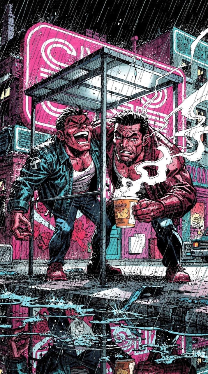 Two friends sheltering from the rain under a bus-stop roof at night, one laughing, one holding a coffee, drawn in the Nineties Extreme look
