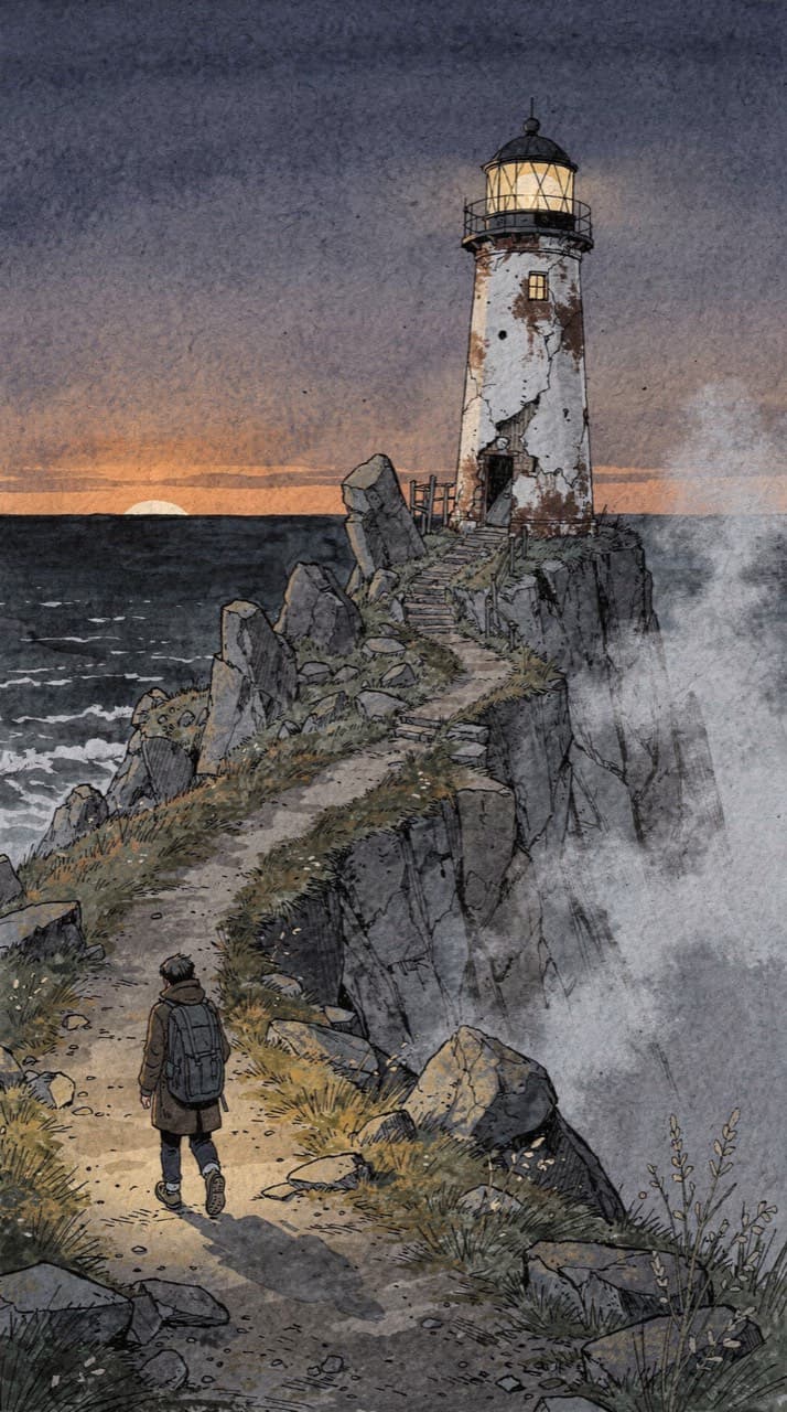 The lighthouse scene drawn in the painted graphic novel look