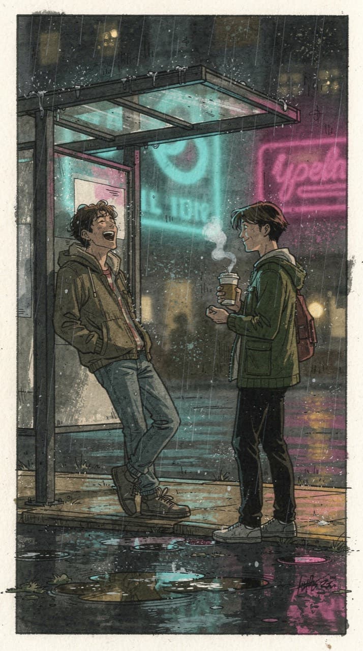 Two friends sheltering from the rain under a bus-stop roof at night, one laughing, one holding a coffee, drawn in the Painted Graphic Novel look