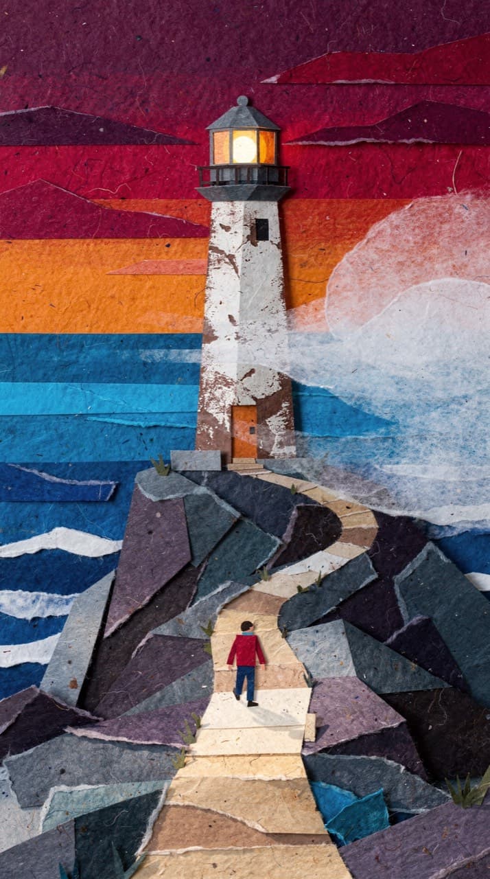 A weathered lighthouse on a rocky point at dusk, a small figure walking the path toward it, drawn in the Paper Cut-Out look