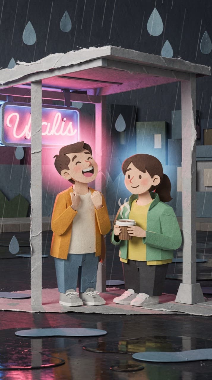 Two friends sheltering from the rain under a bus-stop roof at night, one laughing, one holding a coffee, drawn in the Paper Cut-Out look