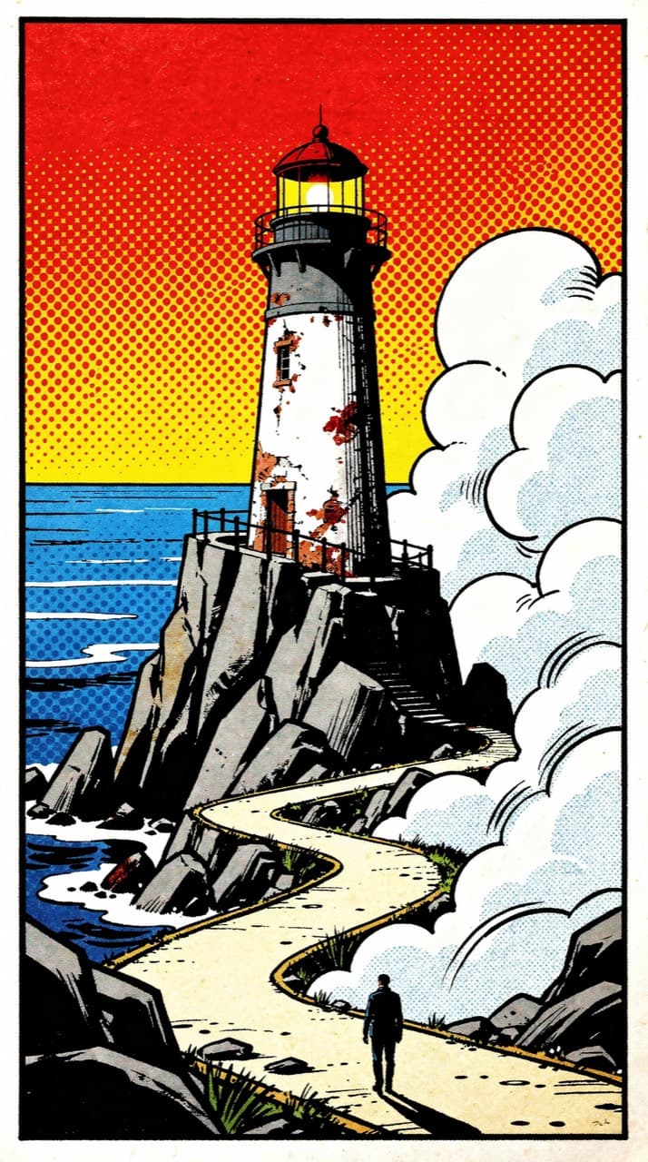 A weathered lighthouse on a rocky point at dusk, a small figure walking the path toward it, drawn in the Pop Art look