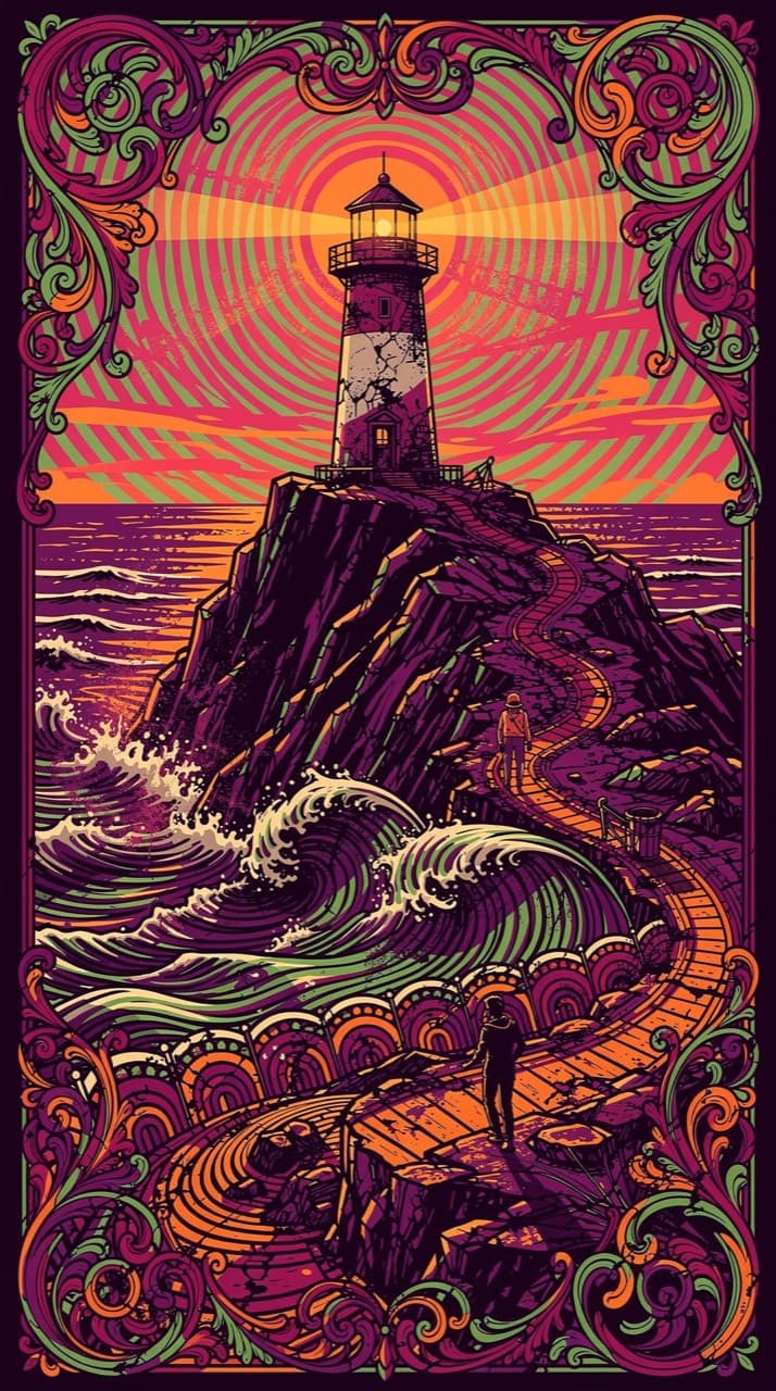 A weathered lighthouse on a rocky point at dusk, a small figure walking the path toward it, drawn in the Psychedelic Poster look