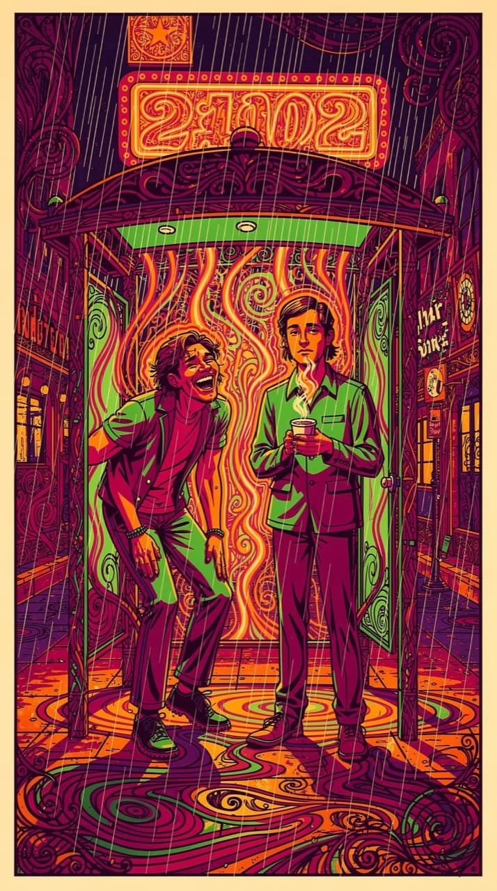 Two friends sheltering from the rain under a bus-stop roof at night, one laughing, one holding a coffee, drawn in the Psychedelic Poster look