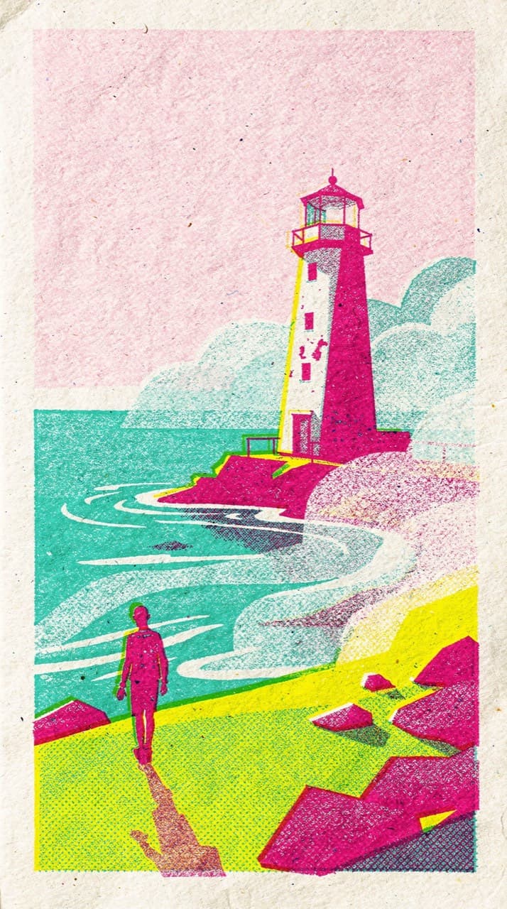 A weathered lighthouse on a rocky point at dusk, a small figure walking the path toward it, drawn in the Risograph Zine look