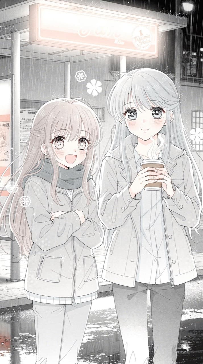 Two friends sheltering from the rain under a bus-stop roof at night, one laughing, one holding a coffee, drawn in the Shojo Sparkle look