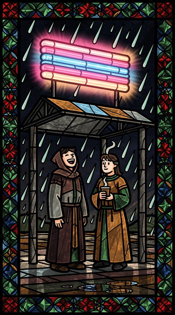 Two friends sheltering from the rain under a bus-stop roof at night, one laughing, one holding a coffee, drawn in the Stained Glass look