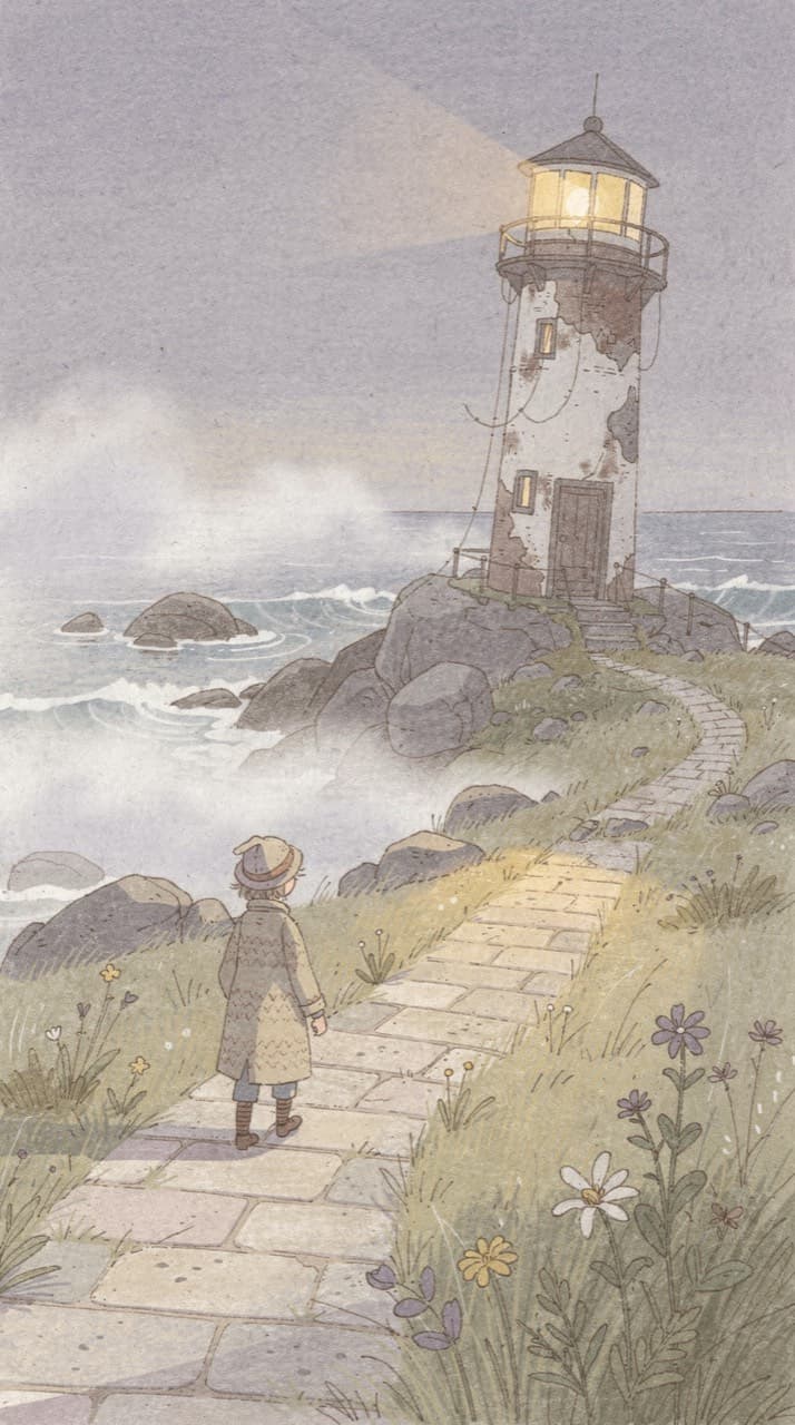 A weathered lighthouse on a rocky point at dusk, a small figure walking the path toward it, drawn in the Storybook Gouache look