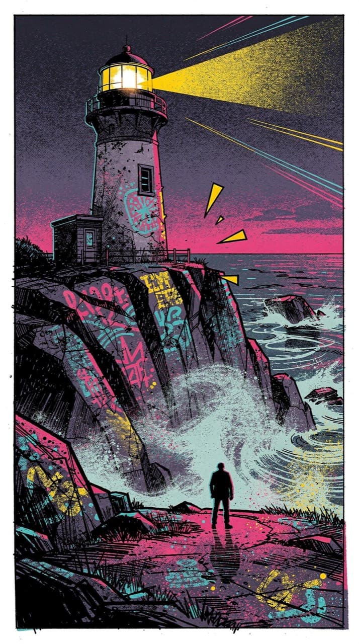 A weathered lighthouse on a rocky point at dusk, a small figure walking the path toward it, drawn in the Street-Pop Remix look
