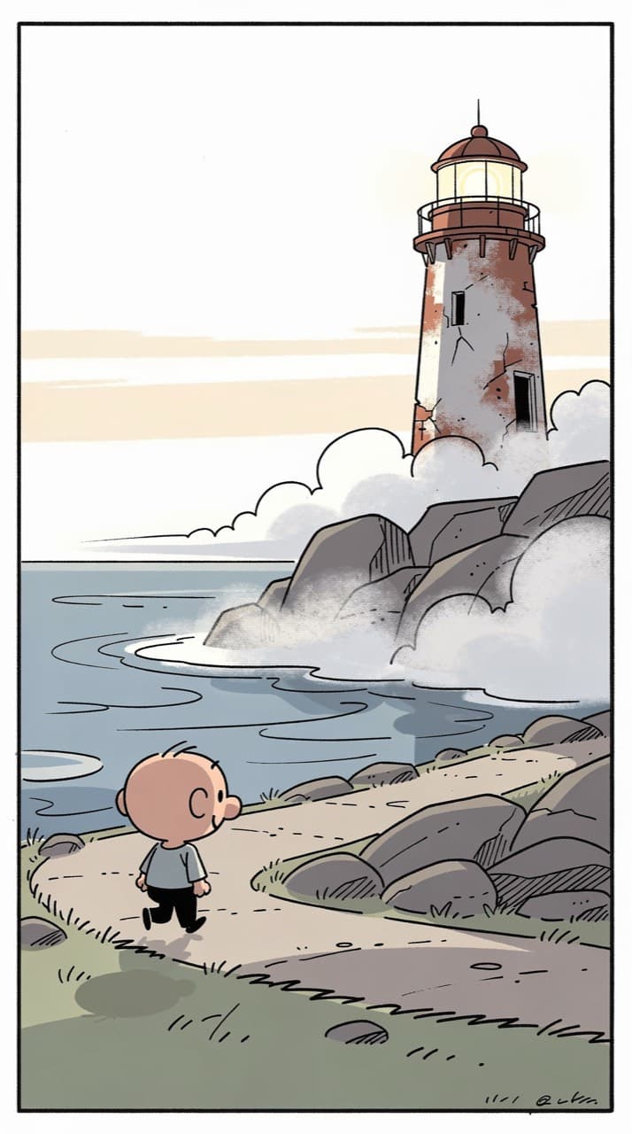 A weathered lighthouse on a rocky point at dusk, a small figure walking the path toward it, drawn in the Sunday Funnies look