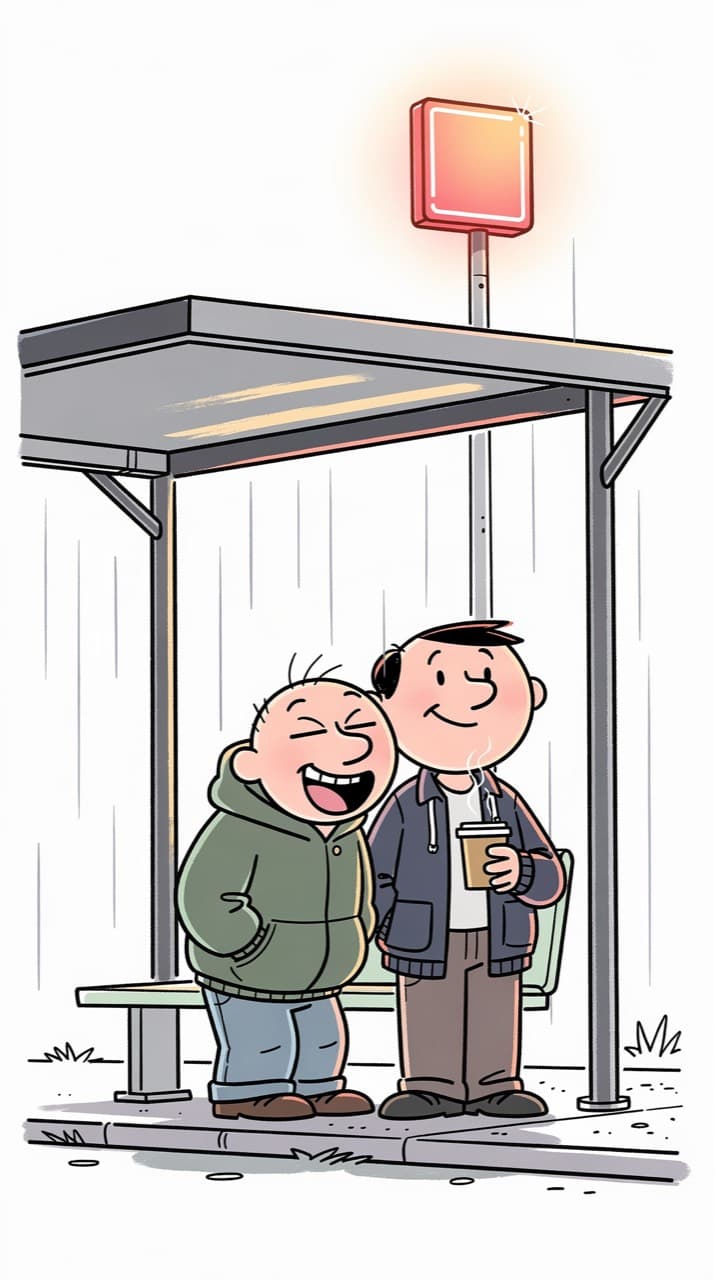 Two friends sheltering from the rain under a bus-stop roof at night, one laughing, one holding a coffee, drawn in the Sunday Funnies look