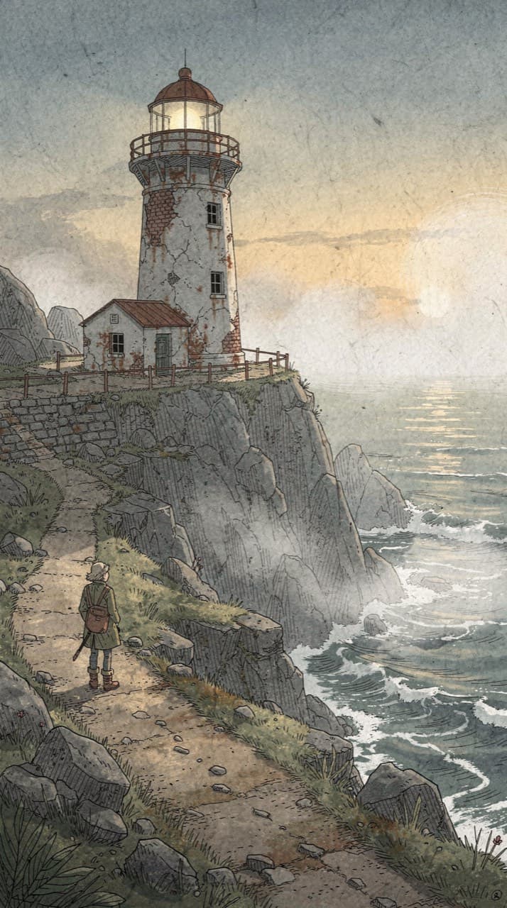 A weathered lighthouse on a rocky point at dusk, a small figure walking the path toward it, drawn in the Woodland Fable look