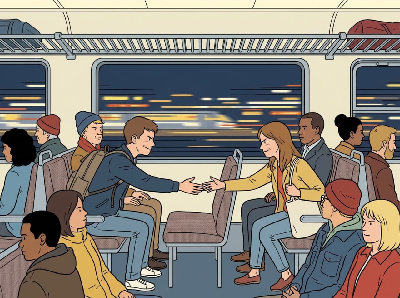 On a crowded night train, a young man and a young woman reach from either side for the one empty seat between them, their hands almost touching, lights streaking past the window