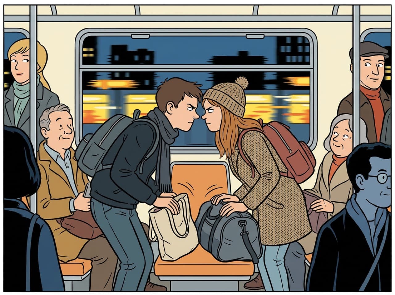 On a crowded night train, a young man and a young woman in a bobble hat glare at each other nose to nose, each planting a bag on the one empty seat, while the passengers around them smile
