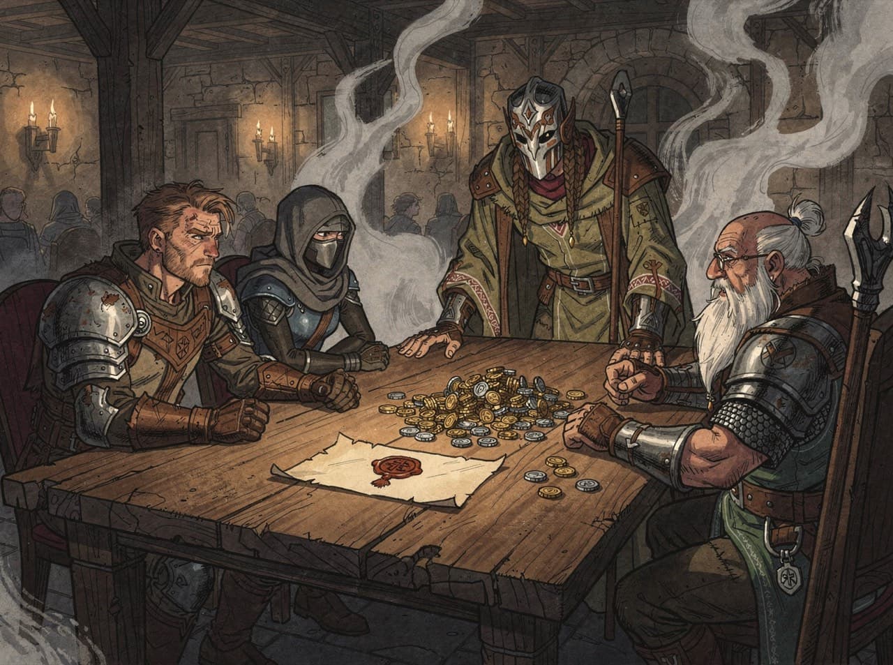 Three adventurers, an armoured fighter, a hooded rogue with a covered face and a white-bearded old warrior, sit at a candlelit tavern table around a heap of coins and a sealed letter while a masked figure in green robes leans over them