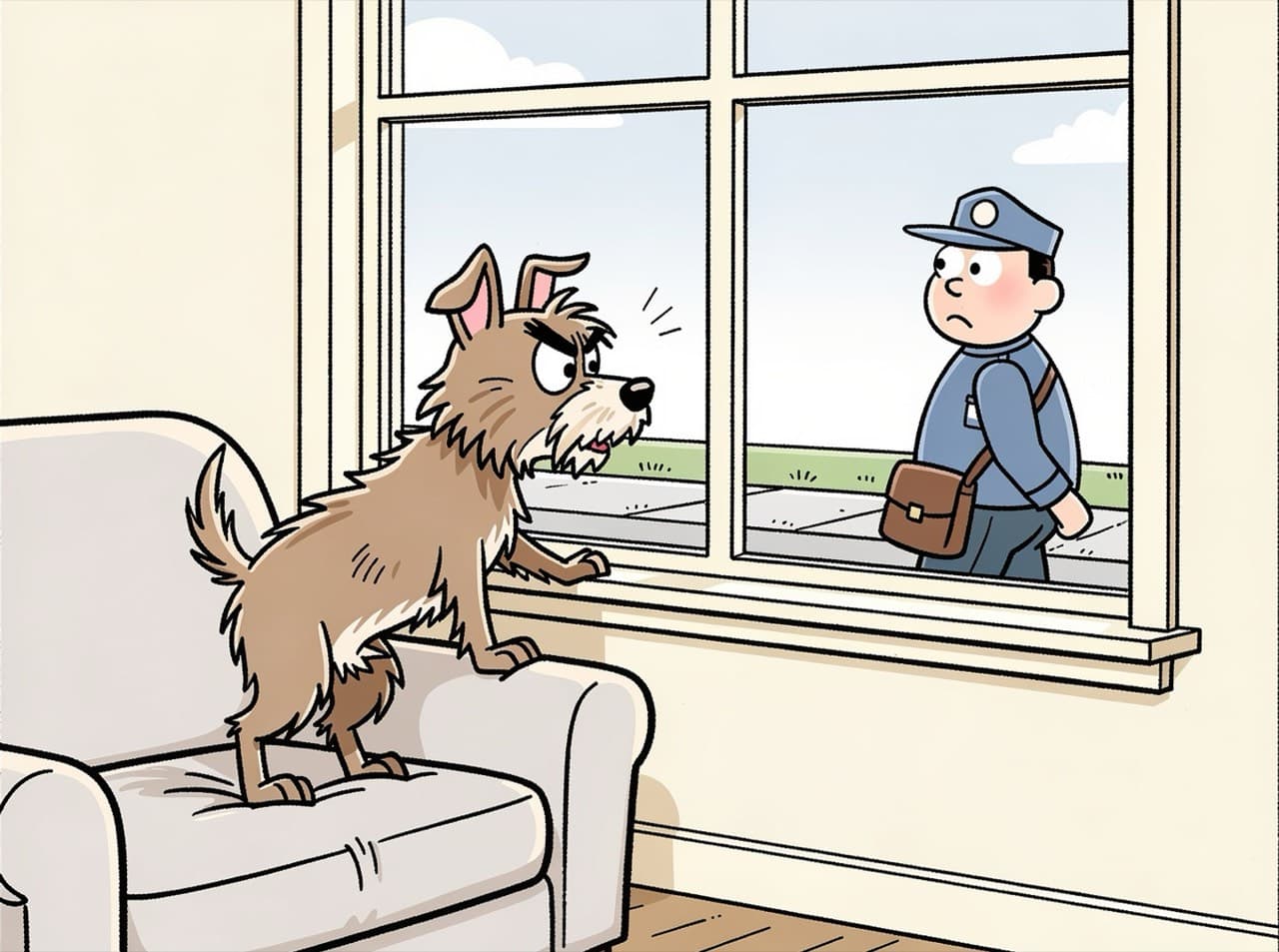 A scruffy brown terrier with one floppy ear stands on the arm of a sofa, paws on the windowsill, glaring through the front window at a mail carrier walking past