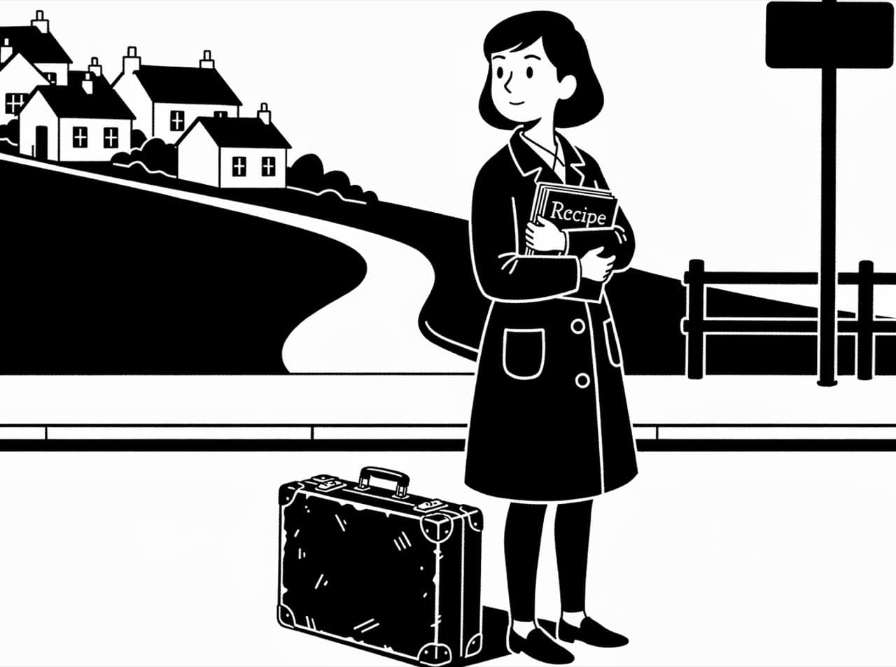 In black and white, a young woman in a long coat holds a recipe book to her chest beside a battered suitcase, her village of small houses on the hill behind her