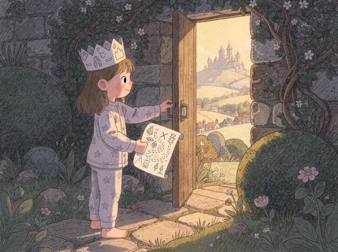 A girl in star pyjamas and a paper crown holds a hand-drawn map and opens a wooden door in an ivy-covered stone wall onto sunlit hills, a village and a castle