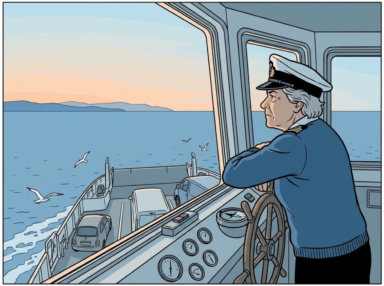 A grey-haired ferry captain in a white peaked cap leans on the wheelhouse rail, frowning at a far shore across a wide strait, with cars parked on the deck below and gulls over the water