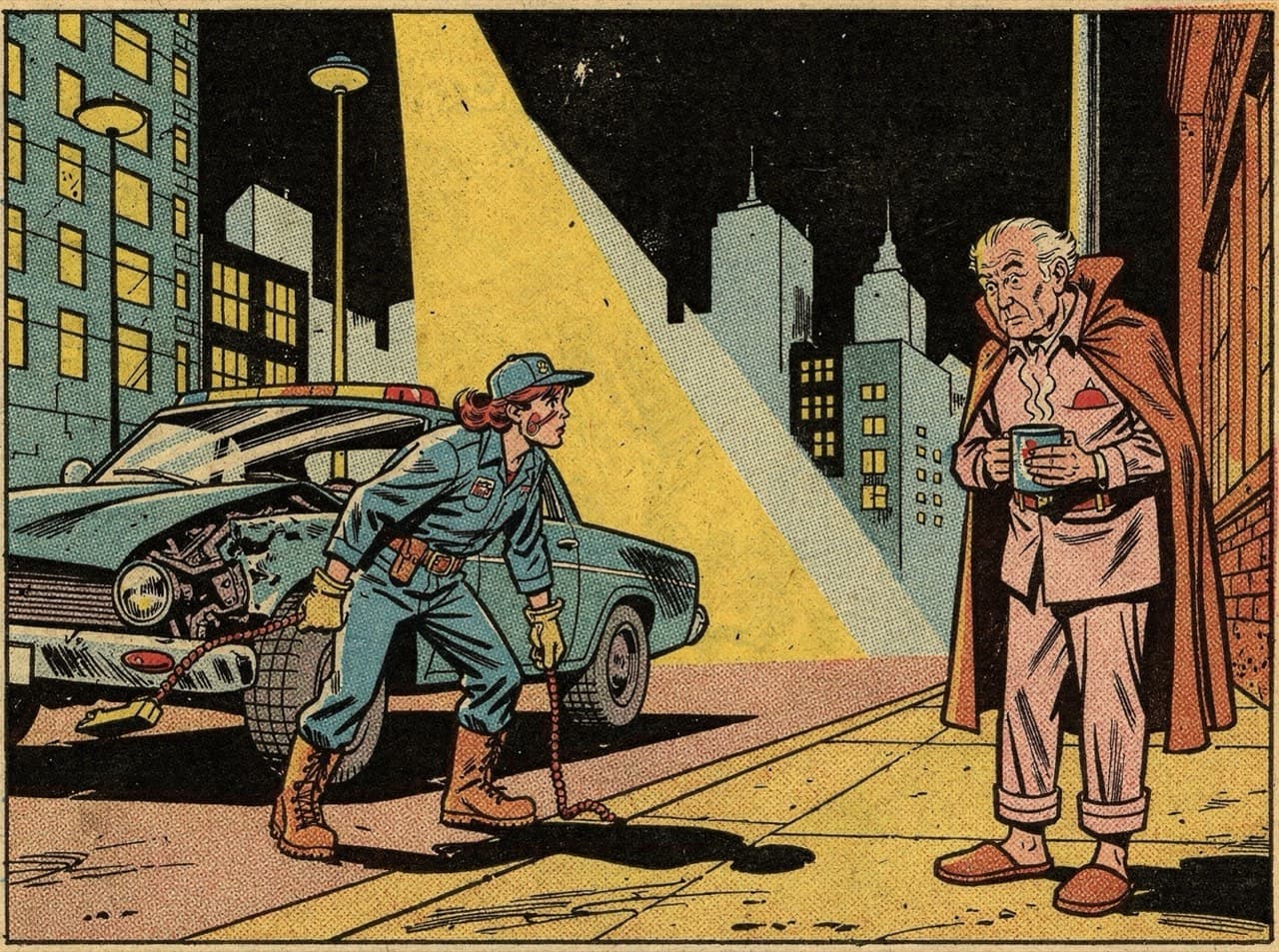 On a city sidewalk at night, a tow-truck driver in overalls drags a chain toward a wrecked car while an old man in pyjamas, slippers and a long red cape watches her over a steaming mug