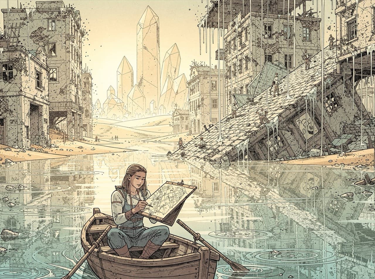 A young woman in a rowing boat sketches a map on a drawing board as she drifts through the flooded streets of a ruined city, crystal towers glowing far off and a tilted street rising dripping out of the water